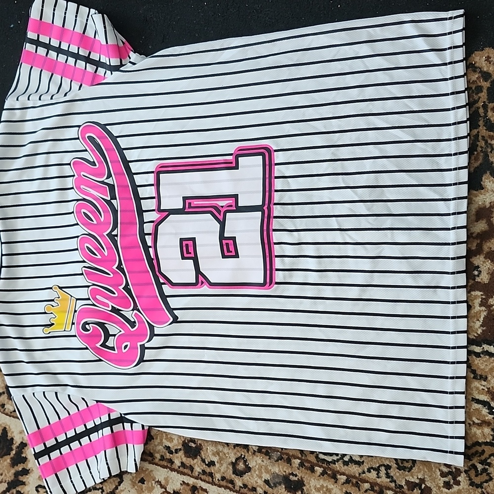 F of NY Queen Graphic Striped Baseball Styled Button Up Shirt- Pink & Black; 2X - Picture 7 of 12